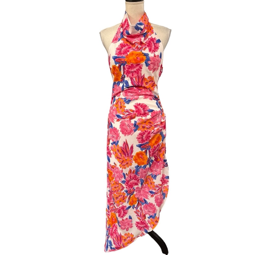 Acoa Dress Satin Floral‎ Halter Open Back Maxi Asymmetrical Size M Resort Event